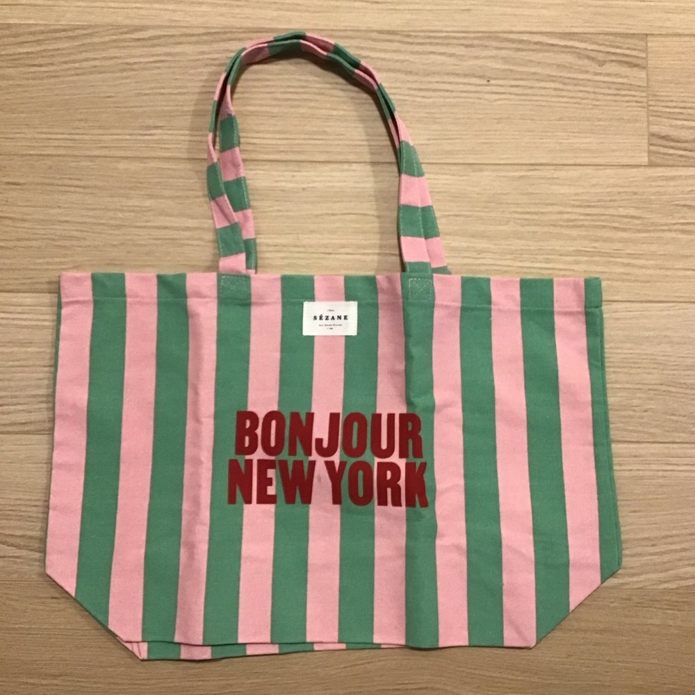 NEW Sezane Pink and Green Striped NEW YORK Tote Bag